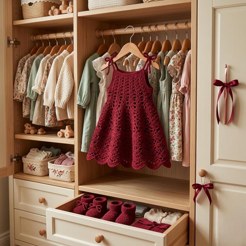 May include: A burgundy crochet dress hangs in a wooden closet, surrounded by other children's clothing. The dress has a scalloped hem and tie straps. A drawer below holds matching booties and other garments.
