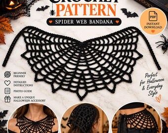 Haakpatroon voor een Halloween-bandana met spinnenwebmotief, driehoekige hoofddoek, kanten haarsjaal (PDF, direct te downloaden).