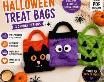 Haakpatroon voor een Halloween-tas, Trick or Treat Tote PDF, 3 griezelige ontwerpen, Kat Frankenstein Pompoen, Eenvoudige handleiding voor beginners, Direct te downloaden
