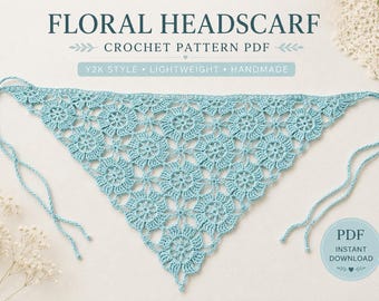 Patroon voor een gehaakte hoofddoek met bloemenmotief uit het Y2K-tijdperk, een driehoekige kanten sjaal (PDF-download)