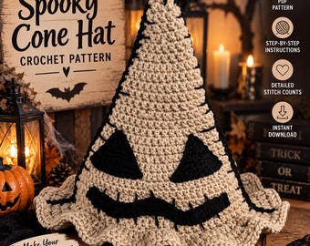 Haakpatroon voor een griezelige kegelmuts, Halloweenmuts PDF, enge muts in jute-stijl, direct te downloaden