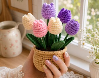 Haakpatroon voor een tulpbloempot (PDF), handleiding voor een amigurumi boeket, beginnersvriendelijke decoratie (digitale download)