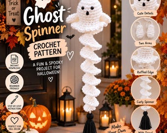 Halloween haakpatroon voor een spook, spookdraaier (PDF), hangend ornament, griezelige herfstdecoratie, feestelijke huisdecoratie, direct te downloaden