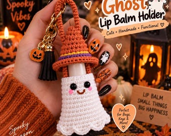 Haakpatroon voor een lippenbalsemhouder in de vorm van een spook, Halloween tashanger, lippenbalsemtasje in de vorm van een heksenhoed, gehaakte spook sleutelhanger, digitaal PDF-patroon