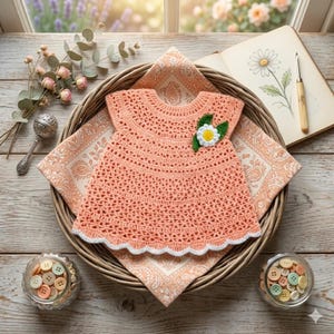 May include: A peach-coloured, crocheted baby dress with a white scalloped hem and a daisy applique. The dress is displayed in a woven basket atop a patterned cloth. Small jars of buttons and a vintage rattle are also in the image.