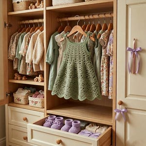 May include: A wooden wardrobe filled with children's clothing. A green crochet dress hangs on a wooden hanger. The wardrobe also contains dresses, sweaters, and baby booties in a drawer.