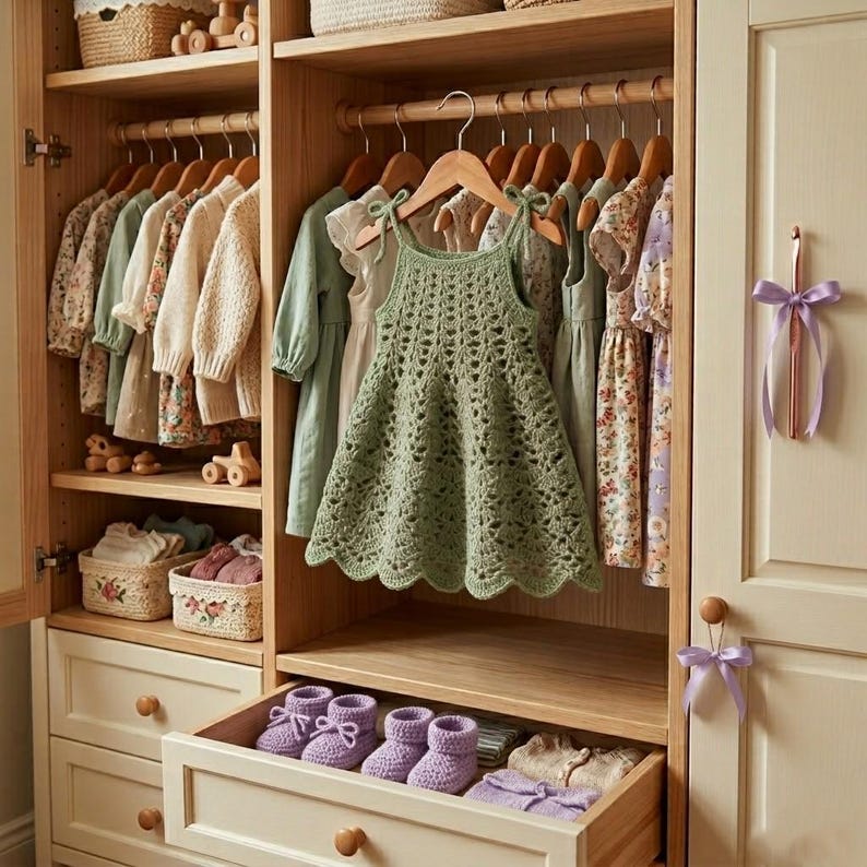 May include: A wooden wardrobe filled with children's clothing. A green crochet dress hangs on a wooden hanger. The wardrobe also contains dresses, sweaters, and baby booties in a drawer.