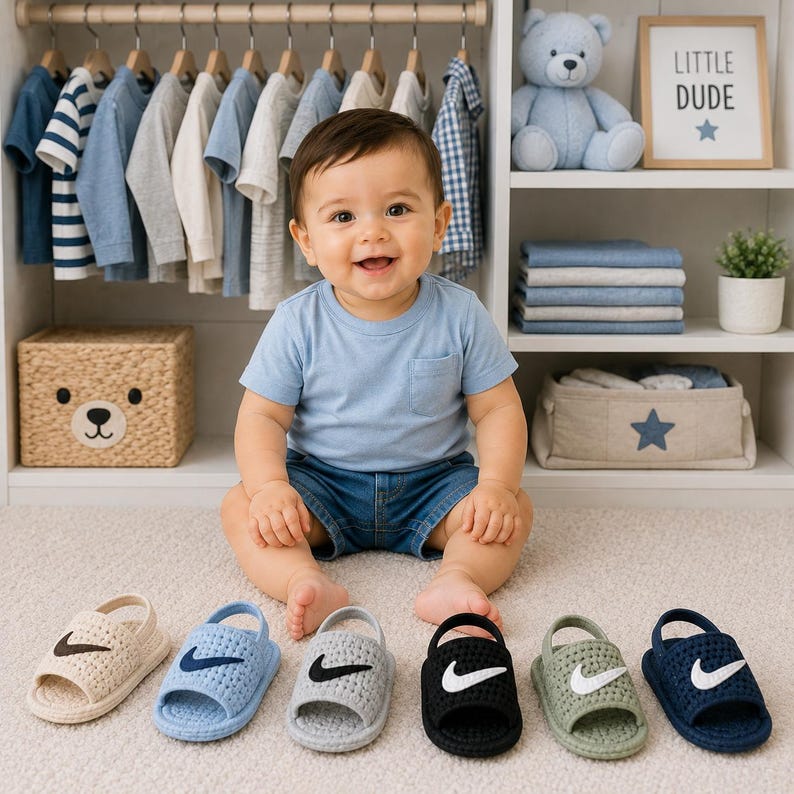 May include: A set of six crochet baby sandals in various colors including beige, light blue, gray, black, sage green, and navy blue. Each sandal features a prominent Nike swoosh logo on the top strap and a back heel strap for a secure fit.