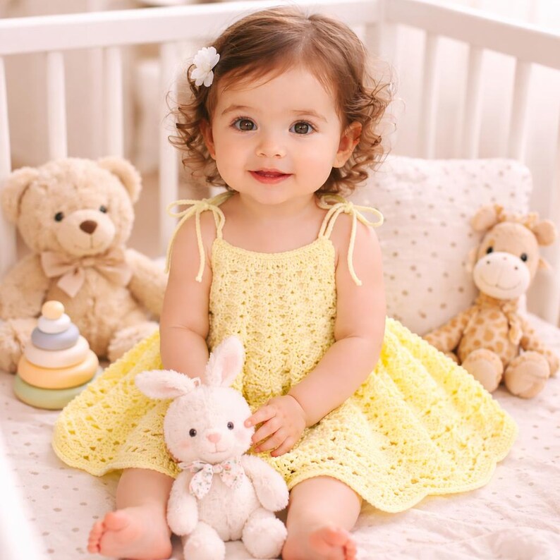 May include: A smiling baby wearing a yellow crochet dress with tie straps, sitting in a crib. The baby is holding a white stuffed bunny with a floral bow. A teddy bear, a giraffe, and a stacking toy are also in the crib.