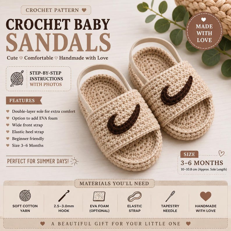 May include: A pair of beige crochet baby sandals with a dark brown swoosh-shaped applique on the wide front strap and an elastic heel strap. The text includes CROCHET PATTERN, CROCHET BABY SANDALS, SIZE 3-6 MONTHS, 10-10.8 cm, and materials list.