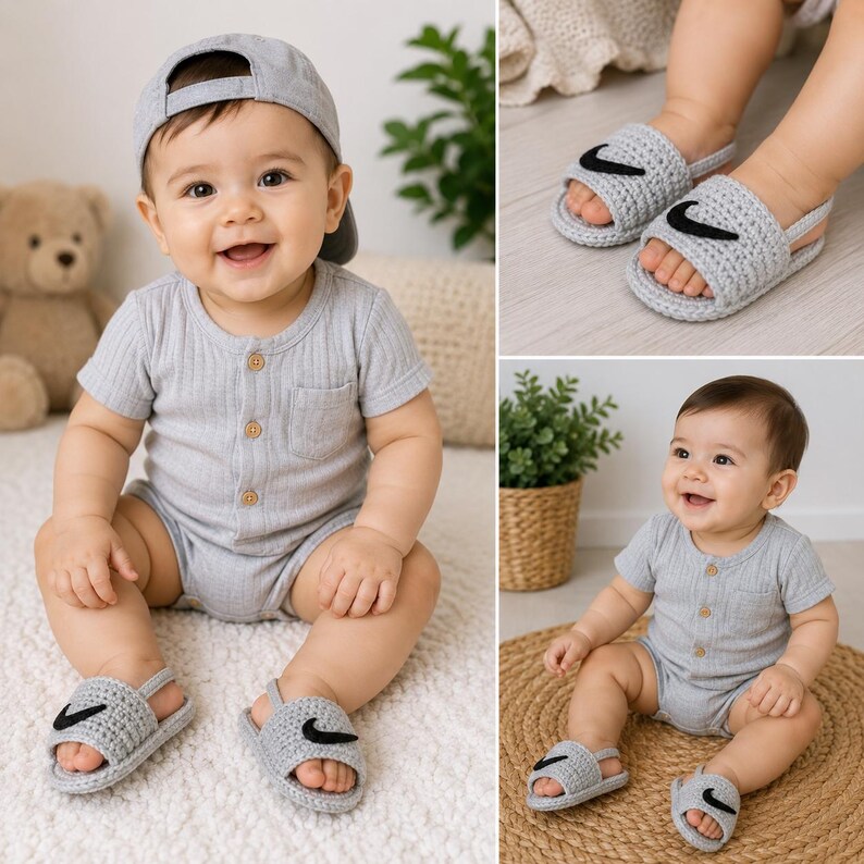 May include: A light gray ribbed short-sleeve romper with a front button placket and a chest pocket, paired with a matching gray baseball cap and gray crocheted slide sandals featuring a black swoosh logo on the top strap.
