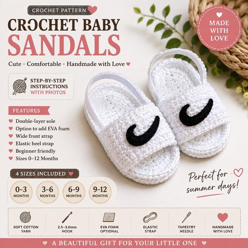 May include: A digital crochet pattern for baby sandals featuring white yarn, black swoosh-style accents, and an elastic heel strap. The text includes CROCHET BABY SANDALS, STEP-BY-STEP INSTRUCTIONS WITH PHOTOS, and size ranges from 0-12 months.
