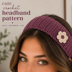 May include: A close-up of a crocheted headband in a deep purple hue, adorned with a cream-colored flower. The headband features a ribbed texture and is part of a "cute crochet headband pattern" described as easy and beginner-friendly.