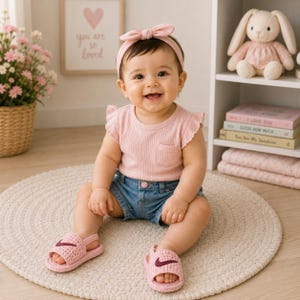 May include: A baby wearing a light pink ribbed short-sleeve top with a small chest pocket, blue denim shorts with a button closure, a matching pink bow headband, and light pink sandals featuring a dark swoosh logo on the top strap.
