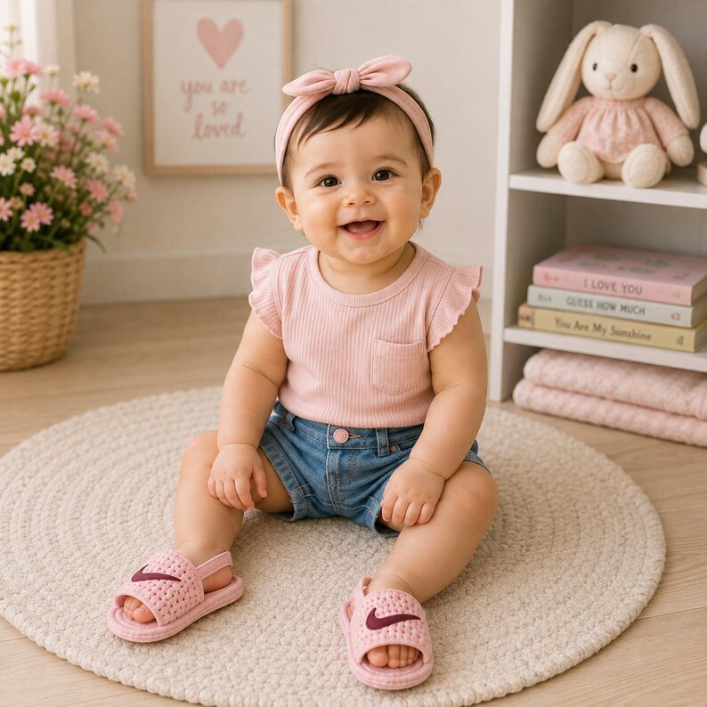 May include: A baby wearing a light pink ribbed short-sleeve top with a small chest pocket, blue denim shorts with a button closure, a matching pink bow headband, and light pink sandals featuring a dark swoosh logo on the top strap.