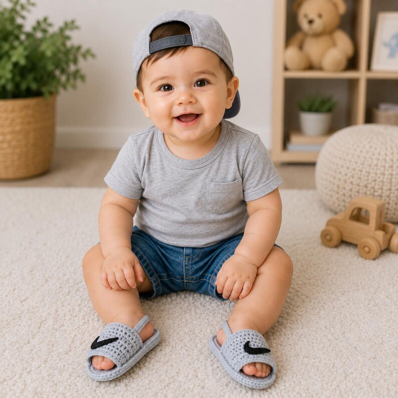 May include: A grey baseball cap, a grey short-sleeved t-shirt with a chest pocket, blue denim shorts, and light grey crocheted sandals featuring a black swoosh logo on the top strap. The footwear is designed with a back strap for secure fit.