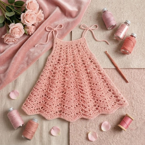Crochet Baby Sundress – Soft Cotton Boho Toddler Dress with Adjustable Ties