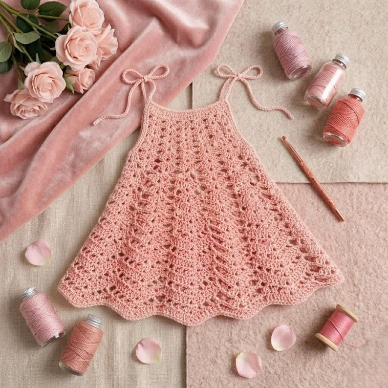 May include: A handmade, light pink crochet dress with tie straps, scalloped hem, and openwork design. The dress is displayed with spools of thread, a crochet hook, and rose petals, suggesting a craft project or handmade clothing item.