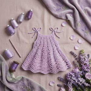 May include: A handmade, light purple crochet dress with tie straps, surrounded by spools of thread, a crochet hook, and lavender flowers. The dress is a delicate, open-weave design, perfect for a baby or toddler. The scene is set on a soft, lavender-colored surface.