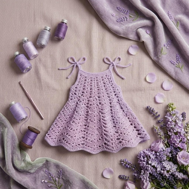 May include: A handmade, light purple crochet dress with tie straps, surrounded by spools of thread, a crochet hook, and lavender flowers. The dress is a delicate, open-weave design, perfect for a baby or toddler. The scene is set on a soft, lavender-colored surface.