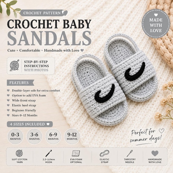 Crochet Baby Sandals Pattern PDF, Sporty Infant Slipper Tutorial, Newborn Summer Shoes, 3–12 Months, Handmade Footwear, Instant Download
