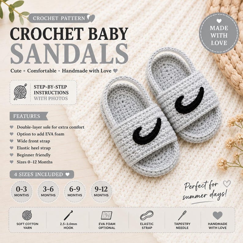 May include: A pair of light gray crochet baby sandals featuring a wide front strap with a black curved accent and an elastic heel strap. The image includes text detailing a crochet pattern for sizes 0-12 months, listing materials like cotton yarn.
