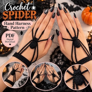 Puede incluir: Un arnés de mano de ganchillo negro con un diseño de araña que presenta un cuerpo central y ocho patas que se extienden hasta una pulsera. El patrón digital incluye el texto Crochet Spider Hand Harness Pattern y PDF Digital Download.