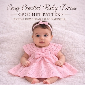 Puede incluir: Un bebé con un vestido rosa de ganchillo y una diadema a juego con un lazo. El vestido tiene un lazo grande en la cintura y un diseño calado. El texto dice: "Easy Crochet Baby Dress - Crochet Pattern - Digital Download | 0 to 3 Months."