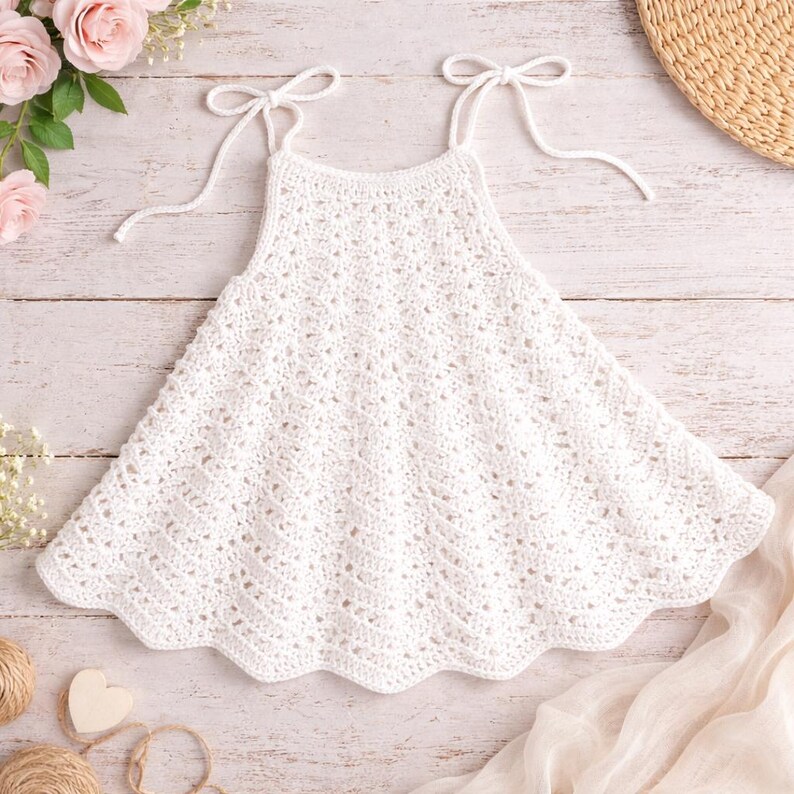 May include: A white, crocheted dress with a scalloped hem and tie straps. The dress is made of a delicate, open-weave pattern. The dress is displayed on a light wood surface, with floral and decorative elements in the background.