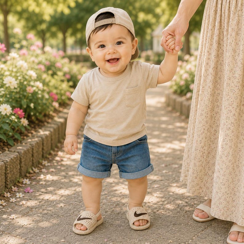 May include: A toddler wearing a beige baseball cap, a short-sleeved beige t-shirt with a chest pocket, blue denim shorts with rolled cuffs, and beige slide sandals with a dark brown swoosh logo. The outfit is simple and casual for daily wear.