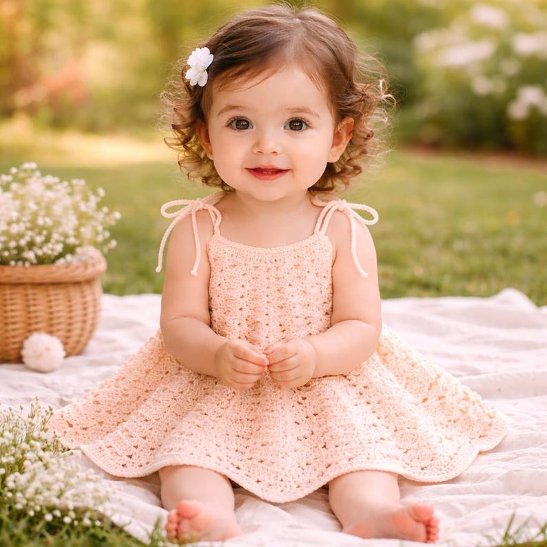 May include: A young child wearing a peach-colored, crocheted dress with spaghetti straps and a flared skirt. The dress is handmade with a delicate openwork pattern. A white flower hair clip adorns the child's hair. The child is sitting on a white blanket outdoors.