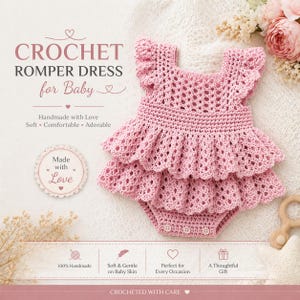 May include: A pink crochet romper dress for a baby. The dress has a ruffled skirt and sleeves, with a button closure. The image text reads "CROCHET ROMPER DRESS for Baby" and "Handmade with Love".