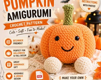 Haakpatroon voor een pompoen-amigurumi met bungelende pootjes, herfstdecoratie (PDF-download)