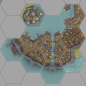 May include: A top-down view of a fantasy tabletop game map featuring hexagonal tiles. The map displays a coastal town with brown buildings, stone walls, and a central canal, surrounded by light blue water tiles and empty gray hexagonal spaces.