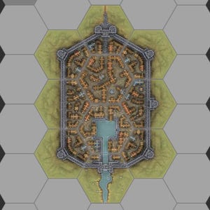 May include: A top-down map illustration of a fortified town enclosed by stone walls with towers. The town features numerous small buildings with orange roofs, a central square, and a blue water canal flowing through the center to the exterior.