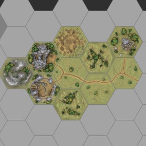 May include: A digital tabletop game map composed of interconnected hexagonal tiles. The layout features varied terrain including rocky mountains, grassy plains, forested areas, and a small settlement, all linked by a winding brown dirt path.