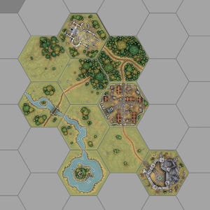 May include: A digital map composed of six connected hexagonal tiles featuring varied terrain including green grassy plains, dense clusters of trees, a winding blue river with a bridge, a central walled town, a northern ruin, and a southern castle.