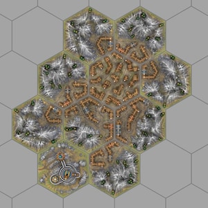 May include: A detailed, top-down view of a hexagonal game board featuring a fantasy village and mountainous terrain. The village has brown buildings and roads. The mountains are grey and white. Green trees are scattered throughout the landscape.