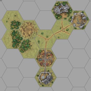 May include: A digital tabletop game map composed of interconnected hexagonal tiles featuring a central village, a stone fortress, forested areas, and rocky terrain connected by dirt paths on a neutral gray background for strategic gameplay.