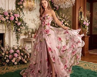 Elegant Floral Embroidered Chiffon Evening Gown: Sweetheart Neckline Maxi Dress