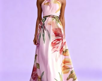 Abito lungo con stampa floreale, stile europeo-americano, abito da sera ispirato alle passerelle