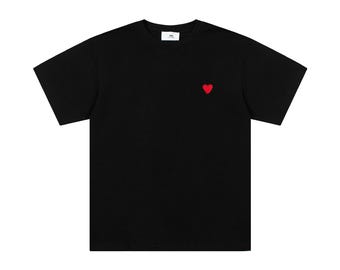 AMI Paris Small Heart Embroidered Cotton T Shirt | Unisex Crewneck Tee | Minimal Casual Streetwear Summer Top