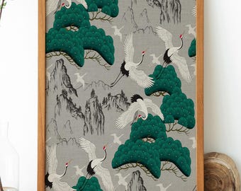 Japanse kraanvogel canvasafdruk naadloos patroon Aziatische muurkunst Japandi decor vliegende kraanvogel behang stijl kunstwerk