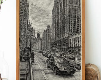 Framed Canvas Wall Art Chicago City Sketch Stephen Wiltshire Style Urban Architecture Drawing Black White Cityscape Canvas
