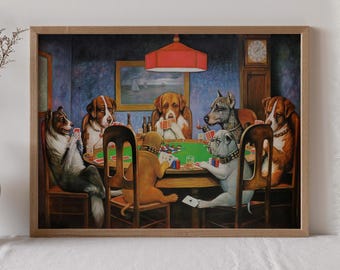 Dogs Playing Poker Canvas Wall Art, Funny Dog Painting Print, Vintage Card Game Artwork, Poker Room Decor, Game Room Wall Decor