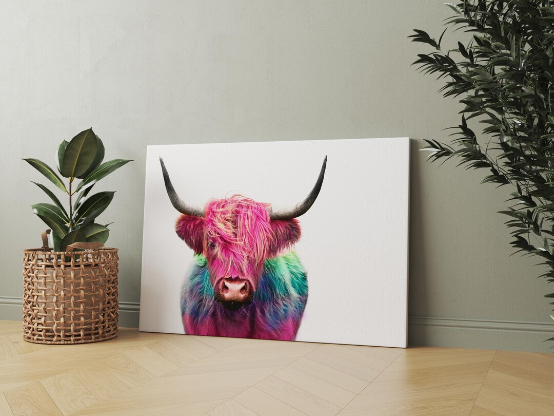 Colorful Highland Cow Canvas Print, Vibrant Animal Portrait Wall Art ...