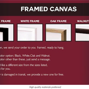 May include: Image showcasing framed canvas options with black, white, oak, and walnut frames. Text highlights the framing service, including ready-to-hang delivery, color choices, custom sizes, and damage replacement.