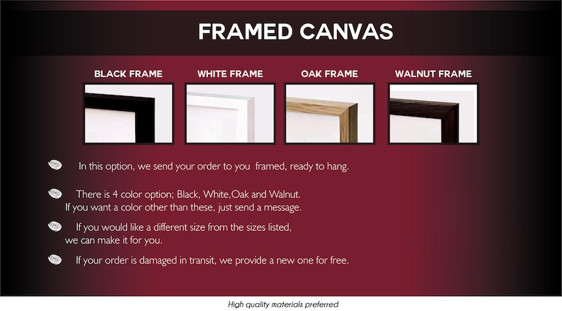 May include: Image showcasing framed canvas options with black, white, oak, and walnut frames. Text highlights the framing service, including ready-to-hang delivery, color choices, custom sizes, and damage replacement.