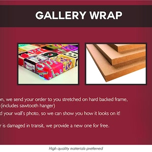 May include: The image showcases a gallery wrap option, featuring a colorful artwork print and a stack of wooden panels. The text reads "GALLERY WRAP" and details about the product, including a hard-backed frame and sawtooth hanger.