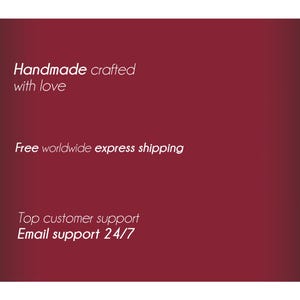May include: A graphic with white icons and text on a burgundy and black gradient background. The text includes "Handmade crafted with love", "Free worldwide express shipping", and "Email support 24/7".